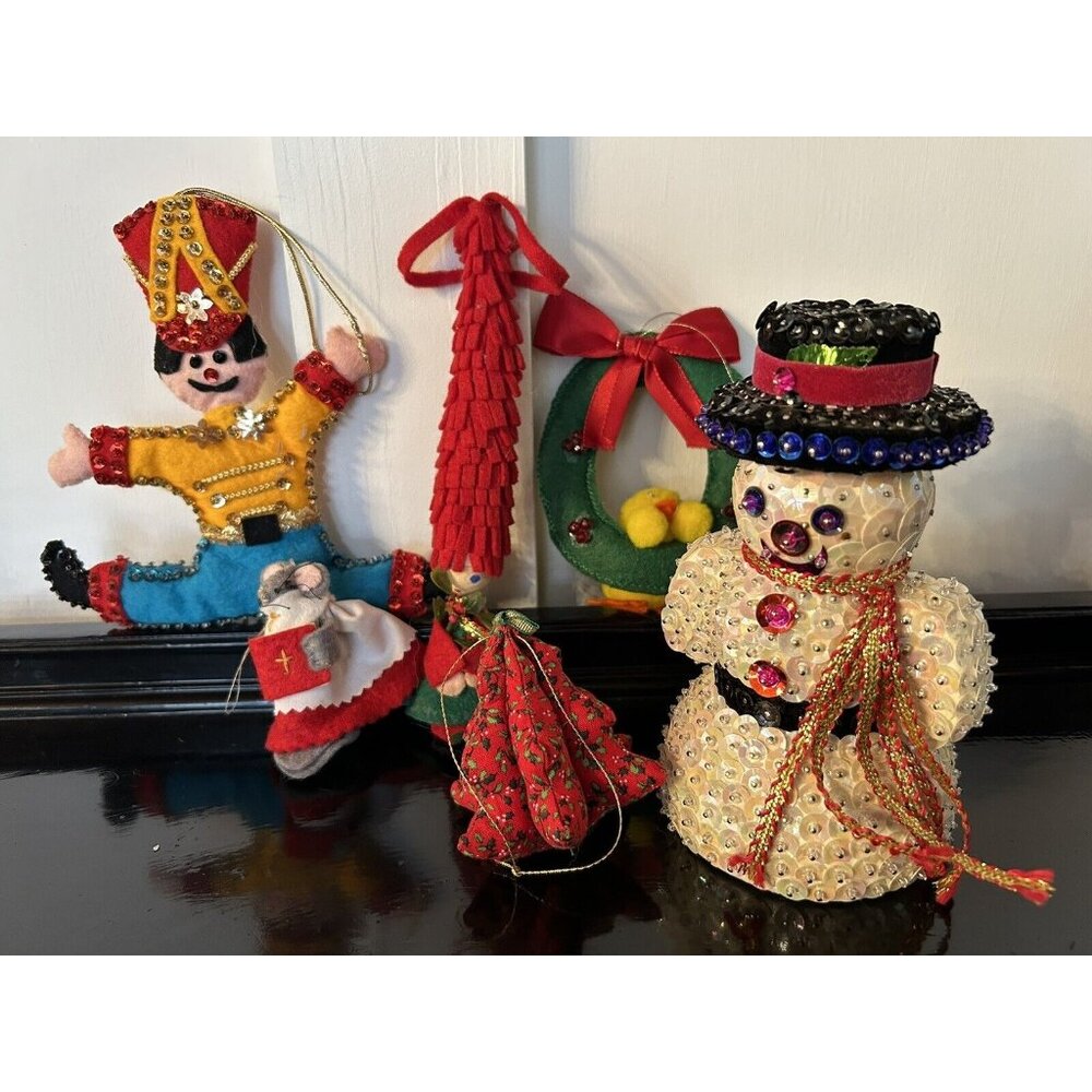6 Vintage Push Pin Sequined Christmas Snowman Felt Soldier Mouse Duck Ornaments